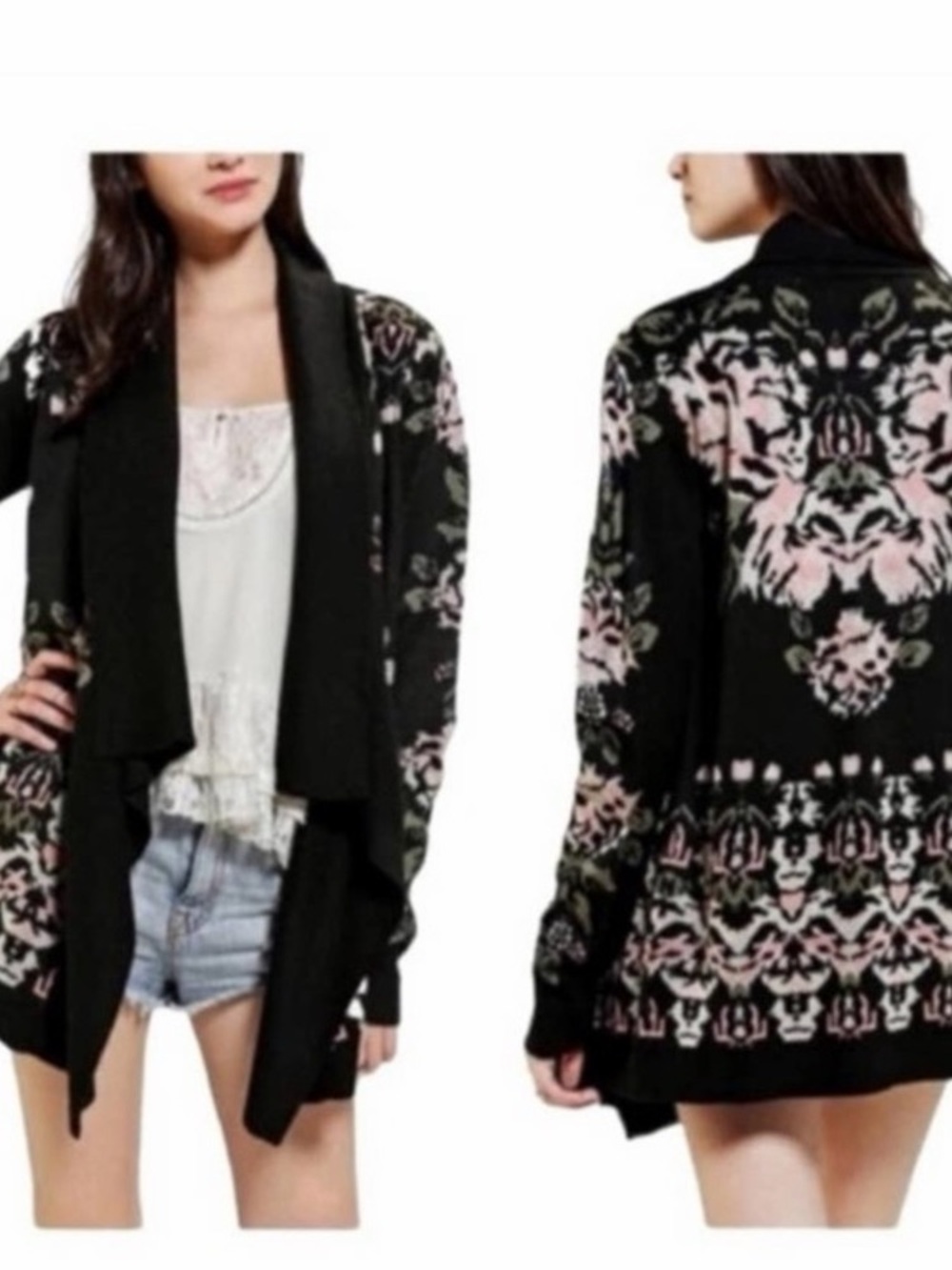 Johnny Was Black Floral Draped Open-Front Cardigan